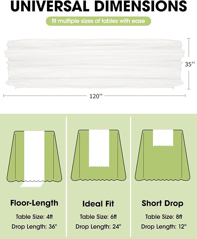 Pureegg 2-Pack Cheese Cloths Table Runner, 120'' Boho Table Cloth Decorations for Party, Baby Shower, Wedding and Farmhouse, Fabric Room Decor, Ivory