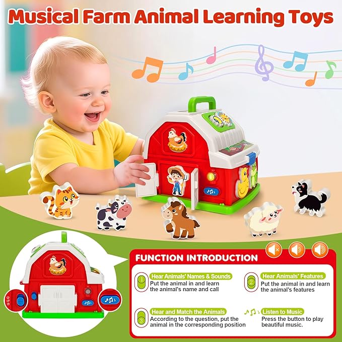 Montessori Toys for 1 2 3 Year Old Boys Girls, Musical Barn Farm Animal set for Toddler, Shape Sorting Educational Toy for Baby 12-18 Month, Learning Fine Motor Skills, Christmas Birthday Easter Gifts