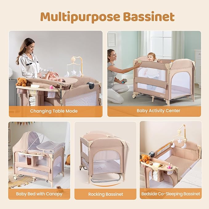 JOYMOR 9 in 1 Bedside Bassinet with Changing Table, Pack and Play with Bassinet, Convert to Rocking Baby Bed with Electric Music Center, Mosquito Net, Toy, Storage, Beige