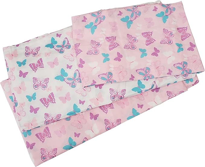 3-Piece Kids Twin Sheets Bedding Set, 100% Woven Cotton, Includes Deep Pocket Bed Sheet (39 x 75 x 15in) + Flat Sheet (66 x 96in) + Pillowcase (20 x 30in) Butterfly