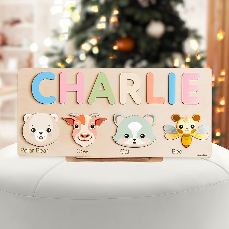 Custom Baby Name Puzzle with Animals, Baby Girl and Boy Gift, Personalized Puzzles for Toddlers, 3 6 9 12 15 18 24 36 Months Toy, Custom Baby Gift, Boy and Girl Personalized Wood Toy, Christmas Gift