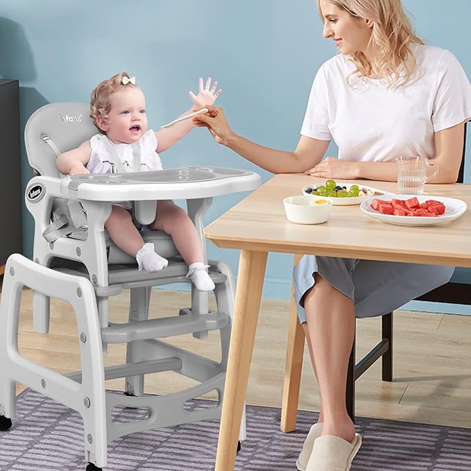 INFANS 5 in 1 Baby High Chair, Convertible Toddler Table Chair Set, Multi-Function Rocking Seat with Lockable Universal Wheels, Adjustable Seat Back, Removable Trays