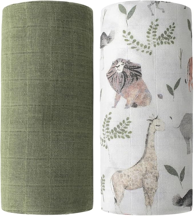 Little Jump Breathable Muslin Swaddle Blankets - 2 Pack Jungle & Green - Softest Baby Receiving Blankets for Boys and Girls (Jungle & Green)
