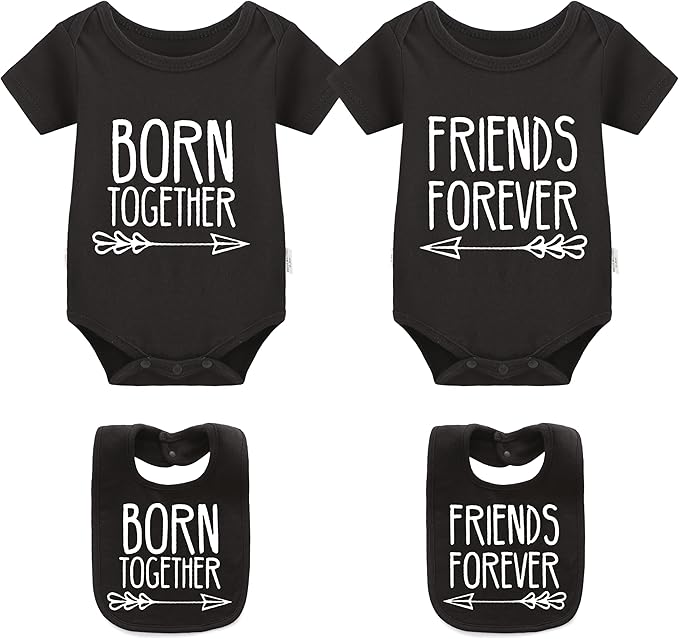 YSCULBUTOL Baby Twins Bodysuits Best Friends Forever Baby Clothes Set with Bibs Girl Outfit with hat