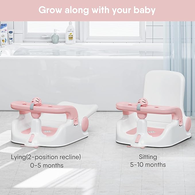 Baby Bath Seat with Sitting & Lying 2 Modes, 3-Speed Adjustment, Powerful Suction Cups, Infant Bathtub Chair with Washable Pillow, Folding and Hanging(Light Pink)