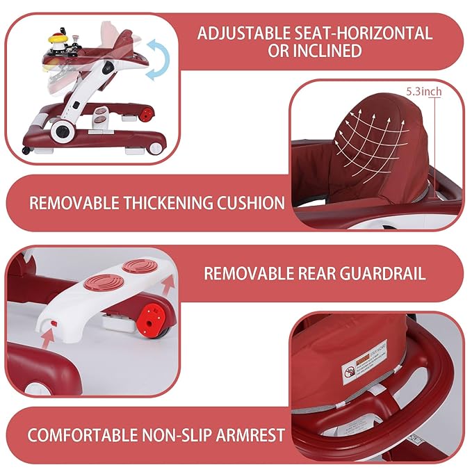 Kinder King Baby Walker with Music & Lights, 5 in 1 Baby Bouncer Activity Walker, Adjustable Height & Seat, Learning-Seated & Toddler Walk-Behind, Safety Bumper, Infant Walker Anti-Rollover, Red