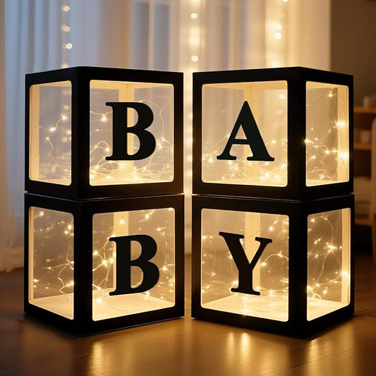 Ledido Baby Boxes with Letters for Baby Shower Decorations, 4 pcs Clear Baby Balloon Boxes Blocks Decor with LED Fairy String Lights for Boy Girl Gender Reveal Decorations Backdrop Party (Black)