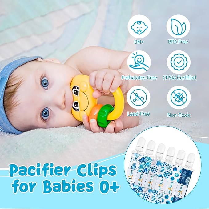 Babygoal Ocean Blue Pacifier Clips, 6 Pack Binky Paci Holder Clips and Leash for Boys and Girls Fits for Most Pacifier, Binkie Styles & Baby Teethers & Toys and Gift 6PS12