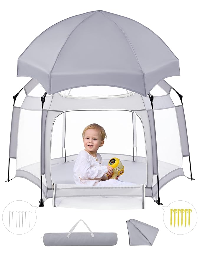 Babelio Pop up Baby Tent, Travel Playpen for Babies, Indoor and Outdoor, Portable/Foldable Play Yard W/Canopy, Travel/Nap, Sun Protection, One-Touch Storage- Light Grey