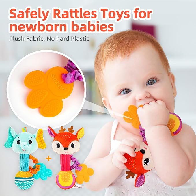 Baby rattles 0-6 months, Set of 2 rattles for babies 0-6 months, Soft Stuffed Animal Rattle Hand Grip Baby Toys, baby rattle Shaker Crinkle Squeaky Sensory Travel Accessories for 0 3 6 9 12 Months old