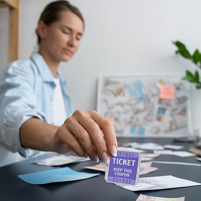 DGBDPACK 250 Raffle Tickets, 50/50 Raffle Tickets, Double Tickets for Festivals, Carnivals, School Events, Baby Showers, Summer Parties (Purple)