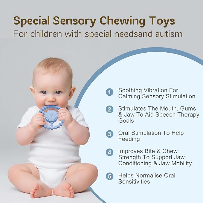 Vibrating Sensory Chew Toy for Babies & Autism Support - USB Rechargeable Baby Teething Toy with 3 Vibration Modes, Safe Silicone Chewers for Toddlers 6+ Months(Blue)