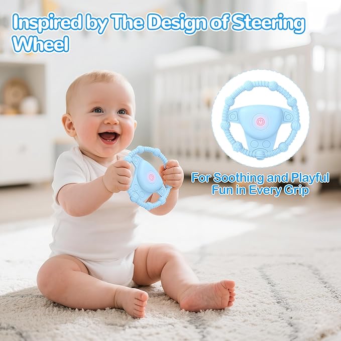 Vibrating Teething Toy with 3D Multi-Texture, Food-Grade Silicone Sensory Chew Toy for Autism Kids and Baby 3-18 Months, Baby Teething Ring for Teething Relief, Deep Blue