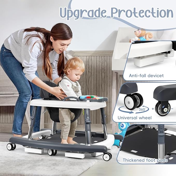 5-in-1 Music and Lights Baby Walker Foldable with 5 Adjustable Heights, Baby Walker with Wheels and Bouncer Combo Portable, Infant Toddler Walker for Baby Boy Girls 6-18 Months