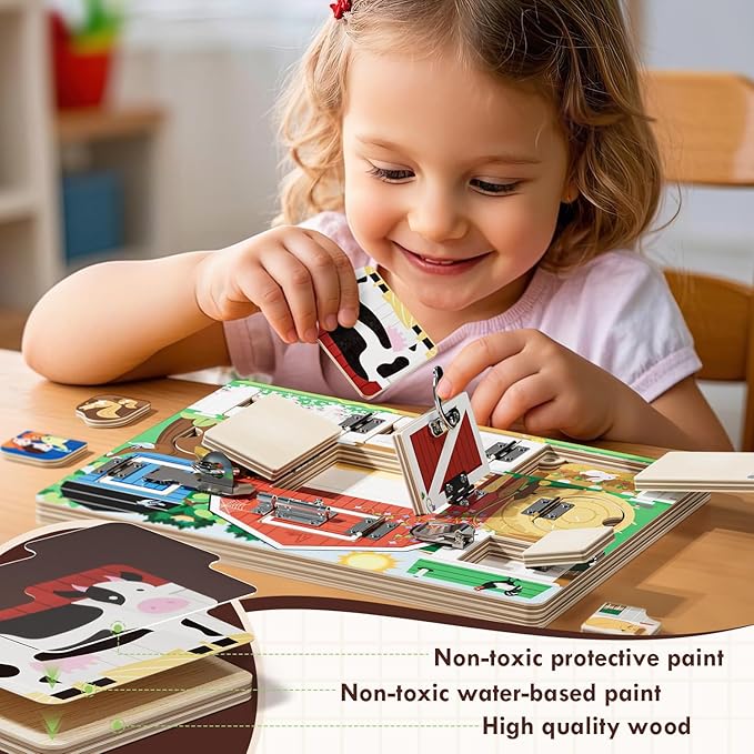 Wooden Latches Busy Board for 1-4 Year Old, Montessori Toys Sensory Toys for Toddler, Farm Theme Educational Busy Board for Kids, Activity Board Gift for Kids