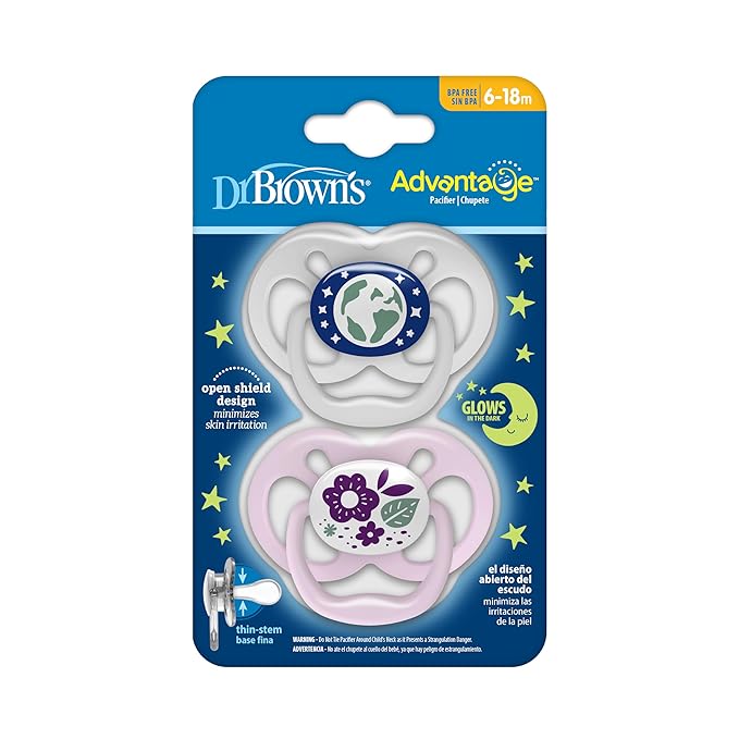 Dr. Brown's Advantage Glow-in-the-Dark Baby Pacifier, Fully Symmetrical Soother with Soft Silicone Bulb, Purple Nature, 6-18m, BPA Free, 2 Pack