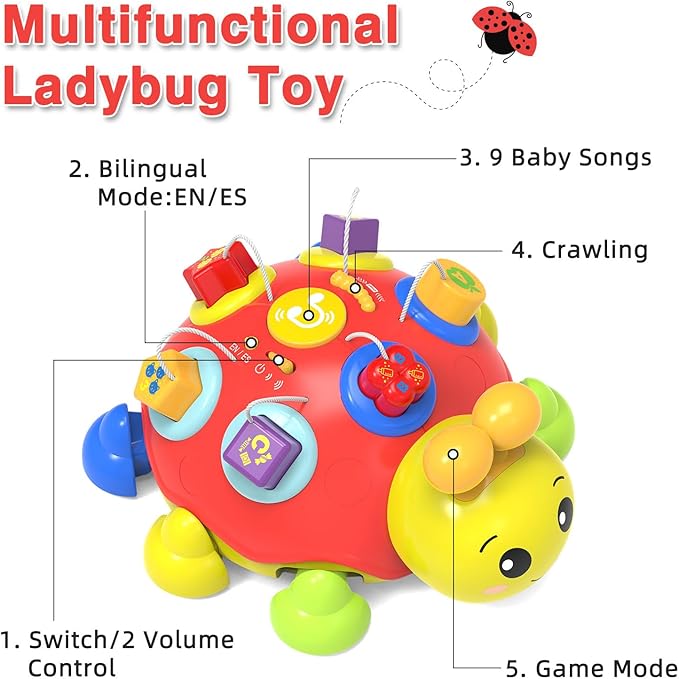Baby Crawling Toys 6-12 Months,Musical Ladybug Crawling Toy for Infants 0-3-6 7 8 9 10 12-18 Months,Early Education Light Up Music Walking Toys,Shape Matching,Tummy Time Toys for Boy Girl Gift (Red)