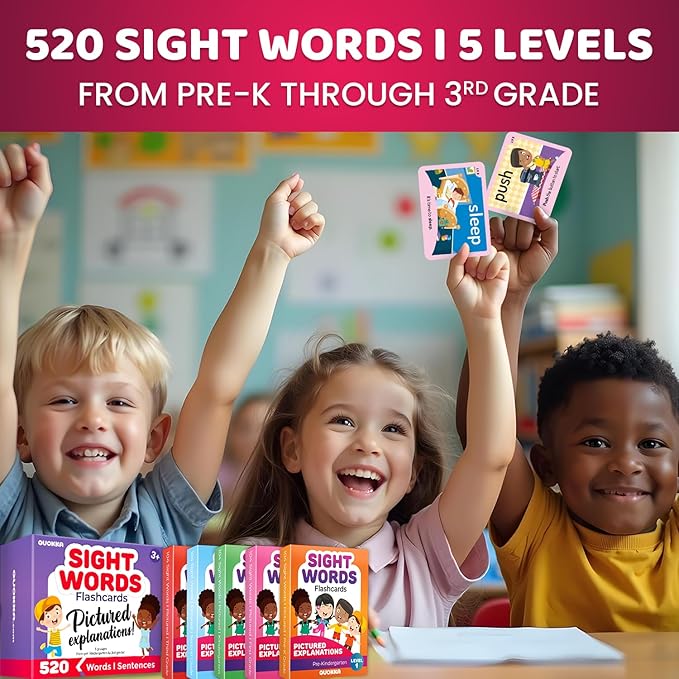 QUOKKA 520 Sight Words Flash Cards with Images & Sentences – Based on Dolch Sight Words Lists for Reading Fluency – Kindergarten Flash Cards for Pre-K to 3rd Grade - Color-Coded Vocabulary Set