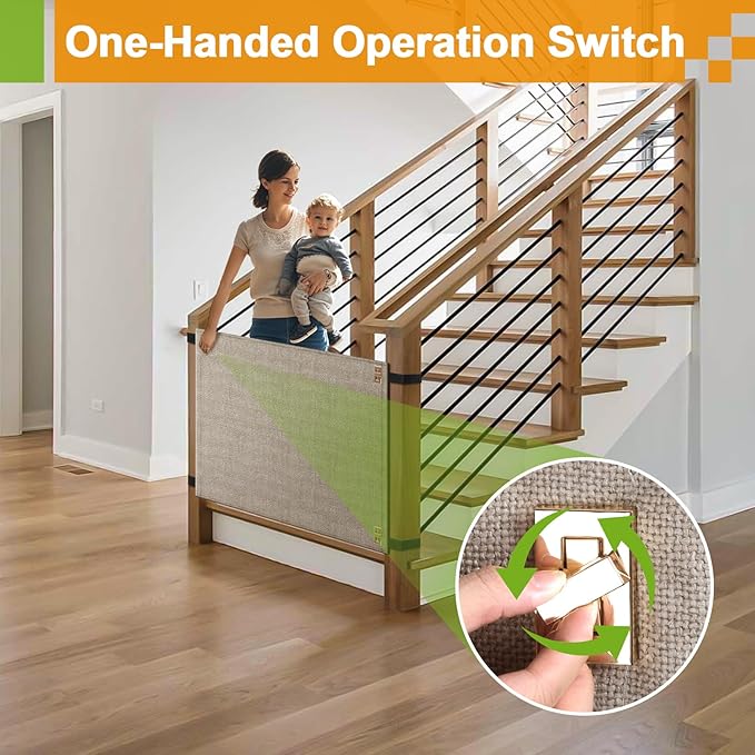 Baby Fabric Gate for Stairs Banisters - Dog and Pet Safety Barrier Gates for Stairway - No Drill Banister to Banister Baby Kids Gates for Stairs (Apricot, Wide 55" to 65" Height 34")
