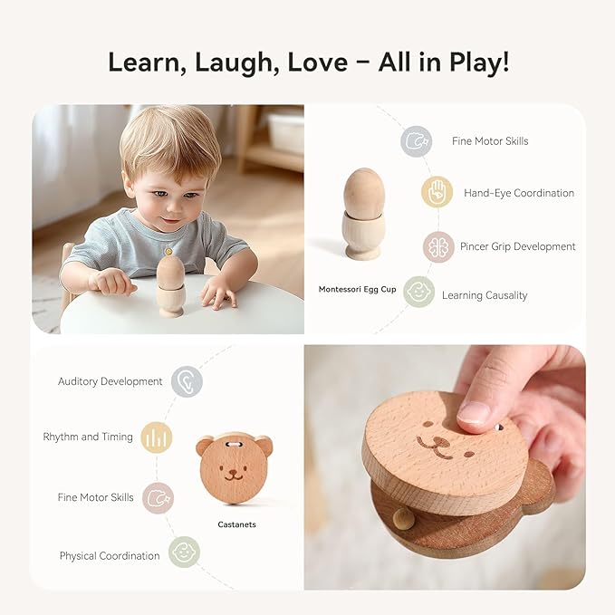 IEATFO Montessori Toys for Babies 9-12 Months, 7-in-1 Wooden Playful Learning Toys with Egg Cup, Castanets, Baby Tissue Box, Textured Shape Puzzle, Cylinder Drop Box and More, Stage-Based Toy