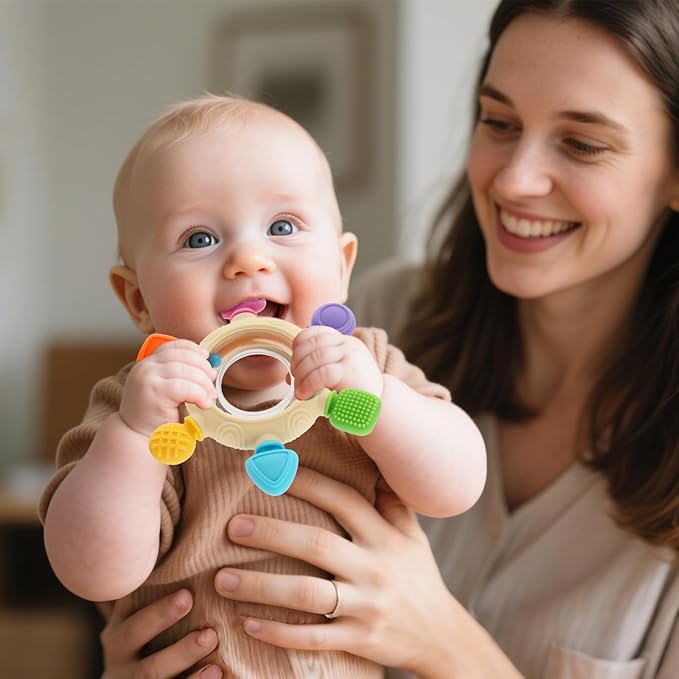 Baby Teething Rings Toys for 0-6 6-12 Months Baby Rattle Teether Sensory Toys for Babies 0-24Months Silicone Teether Relief Chew Soothing Sore Gums for Newborn Infant Essentials BPA Free