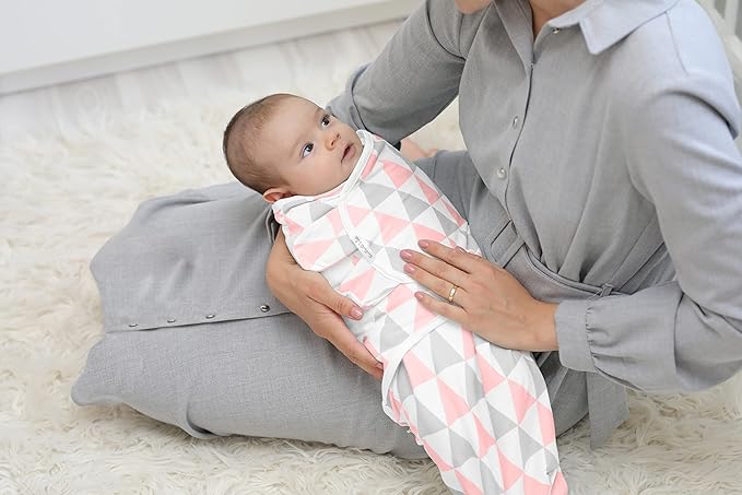 BaeBae Goods Swaddle Blankets, Set of 4, 100% Cotton, Lightweight, Breathable, Adjustable for Boys and Girls, 0-3 Months (Pink/Grey Triangles)