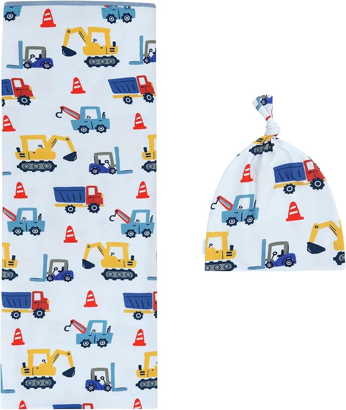 Newborn Swaddle Blanket with Hat Set,Unisex Baby Receiving Blanket Nursery Wrap for Girls and Boys, Viscose Made from Bamboo Blue Car One Size