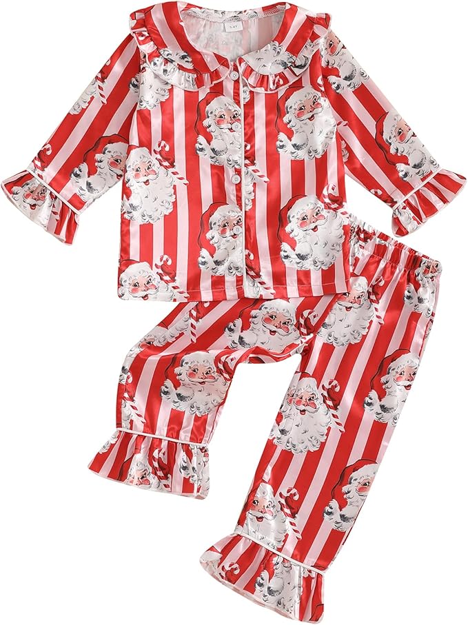 Toddler Kids Baby Girl Solid Pjs Ruffle Long Sleeve Button Shirt Top and Pants Cotton 2Piece Pajamas Set