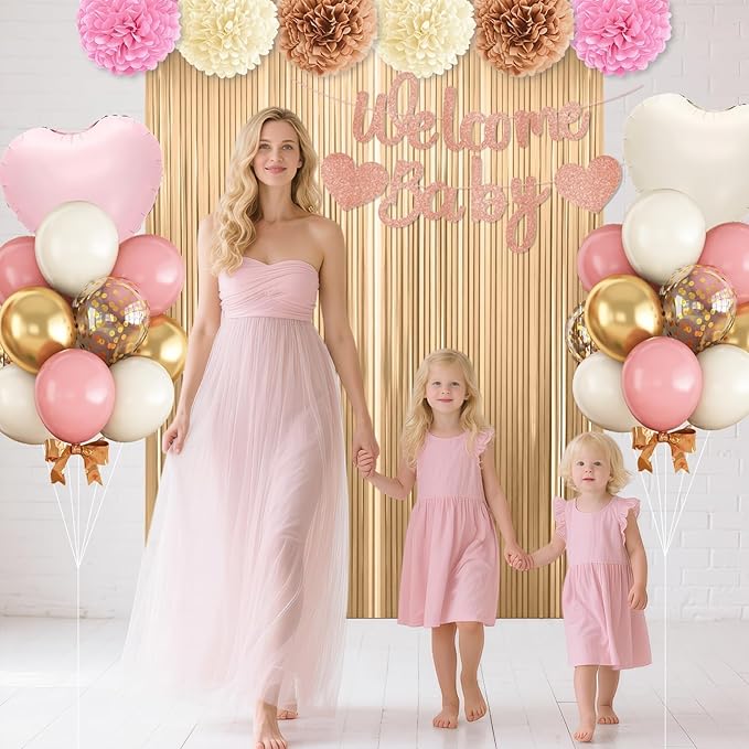 Dusty Pink Baby Shower Decorations for Girl,Welcome Baby Banner with Sand White Retro Pink Balloons Fringe Curtains Paper Pom Poms for Boho Baby Shower Gender Reveal Party Supplies