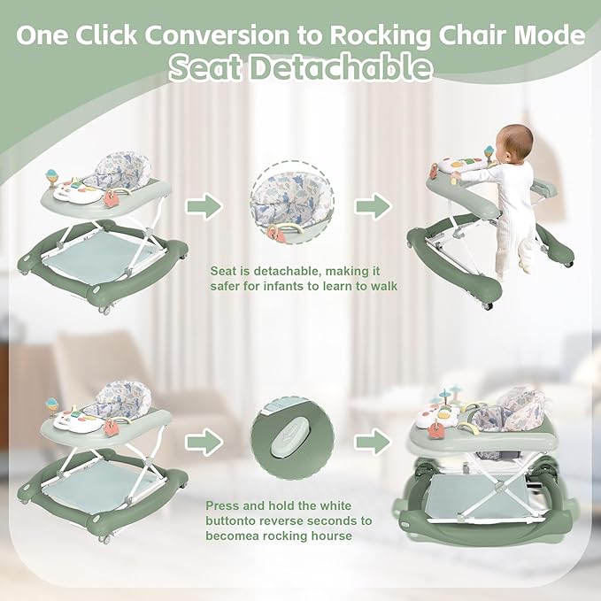 Foldable Baby 5-in-1 Activity Walker - Rocker, Activity Center, Bouncer, Seat Walker, Push Walker - Adjustable Speed Rear Wheels and Height Toys Ages 6-18 Months… (Light Green)