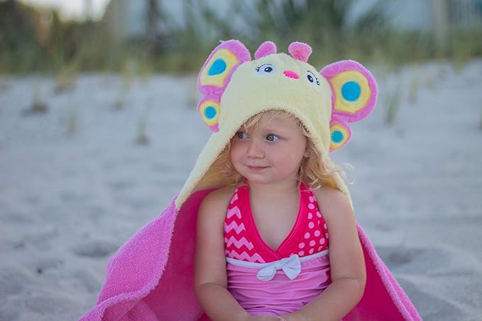 Hooded Baby Towel for Kids 2-8 | Large 100% Cotton Baby Towel for Girls | Cute Butterfly Bath Towels for Babies and Toddlers in Hot Pink and Yellow