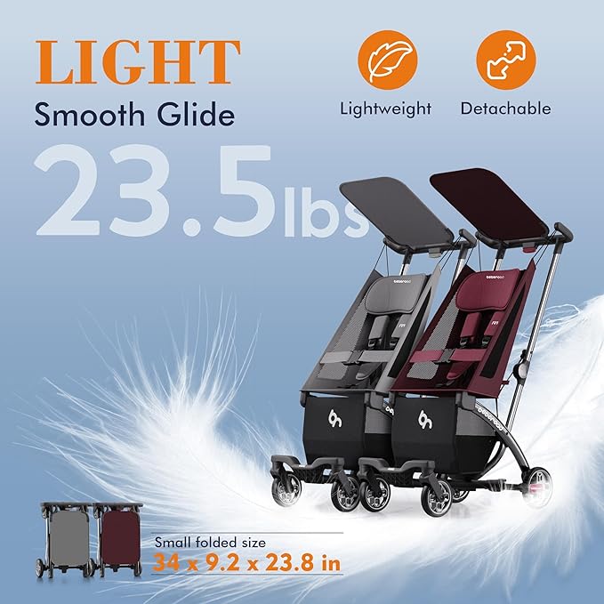 Beberoad Love R1 Auto-Folding Ultra Lightweight Double Stroller Twin Strollers, Side by Side Stroller for Babies and Toddlers Aged 6-36 Months, Only 23.5 lbs, Can Turn into Two Single Strollers
