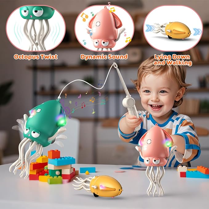Magic Dancing Octopus Toy - Smart Obstacle-Dodging Robot with LED Light Show & Music, USB Rechargeable Tummy Time Squid Toy for Babies | Electric Crawling Octopus | Interactive Gift for Kids 3+