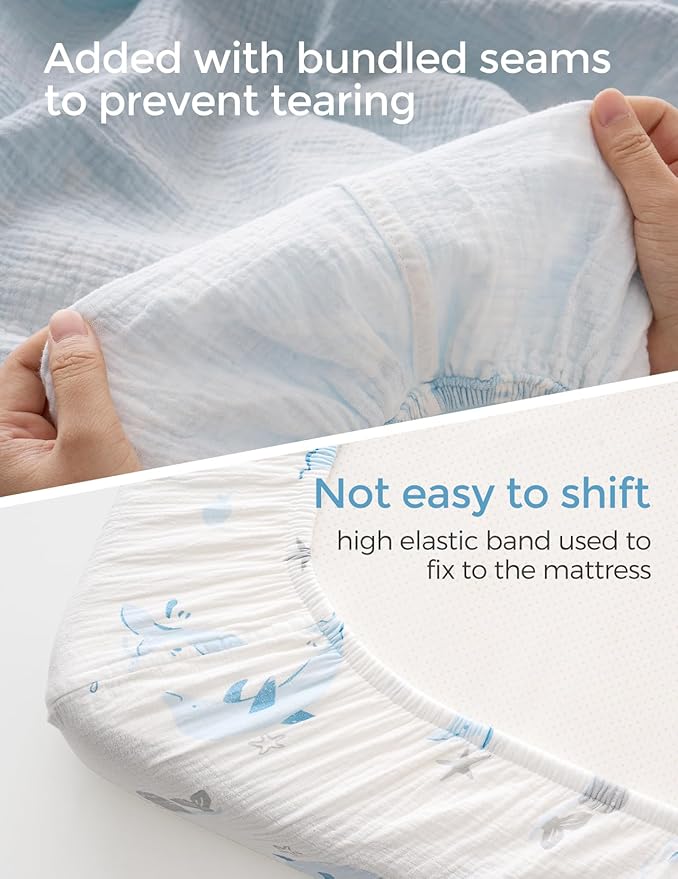 Momcozy Muslin Fitted Mini Crib Sheets, 38''x26'', 2 Pack Soft Breathable Natural Cotton Baby Mattress Sheet, 360° Mattress Wrapping No Slip Boys Girls Neutral Toddler Bed Sheet, Ocean Sound