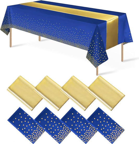 8Pack Disposable Plastic Tablecloths and Satin Table Runner Set Blue and Gold Dot Tablecloth Gold Satin Table Runner for Wedding Birthday Baby Shower Anniversary Christmas New Year Party Decorations