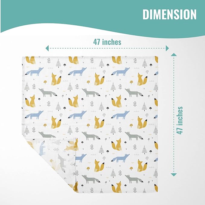 Featherhead™ 100% Cotton Muslin Swaddle Blankets for Baby Boy - Large 47”x 47” - Pre-Washed, Soft, & Breathable - Newborn Essential & Perfect Baby Registry Gift (2 Pack - Blue Foxes)