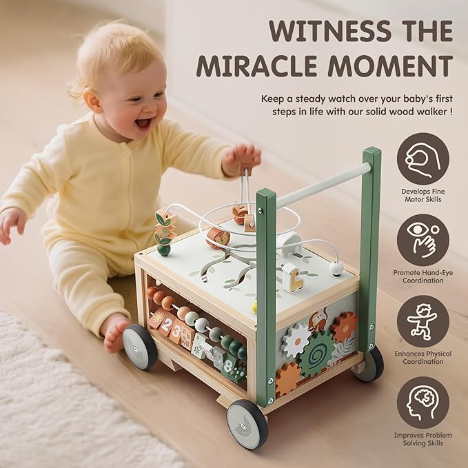 Joyreal Wooden Baby Walker - 9-in-1 Baby Push Walker with Activity Cube, Push Activity Walker for Boys and Girls, Sit-to-Stand Learning Walker Activity Center, Speed & Height Adjustable