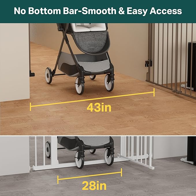 Cumbor 29.2–43" Baby Gate for Stairs, Wall-Mounted (Drill Required), No Bottom Bar Dog Gate, Auto Close Extra Wide Adjustable Walk Thru, Pet & Toddler Proof Gate, Top & Bottom of Stairways (Brown)