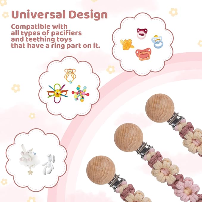 Pacifier Clip for Boys Girls Floral Daisy Macrame Baby Paci Clip Pacifier Holder Leash Boho Wooden Clips Handmade Braided Cotton Binky Clips (1pack:Caramel Style B)