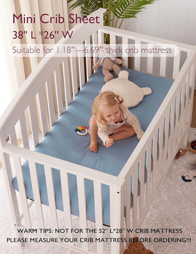 Momcozy Muslin Fitted Mini Crib Sheets, 38"x26", 2 Pack Soft Breathable Natural Cotton Baby Mattress Sheet, 360° Mattress Wrapping No Slip Boys Girls Neutral Toddler Bed Sheet, Grey Blue