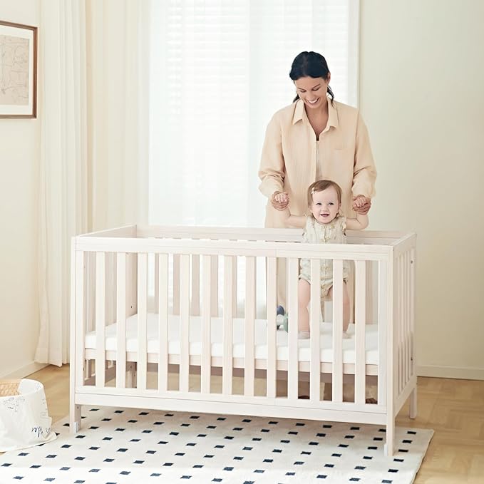 EvoNest Baby Crib, 11 in 1 Convertible Crib with Wheels, 100% New Zealand Wood Growing Bed, 4 Adjustable Mattress Height,Washed Natural