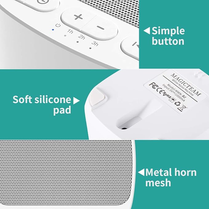 Magicteam Sleep Sound White Noise Machine with 40 Natural Soothing Sounds and Memory Function 32 Levels of Volume Powered by AC or USB and Sleep Timer Sound Therapy for Baby Kids Adults (B-White)