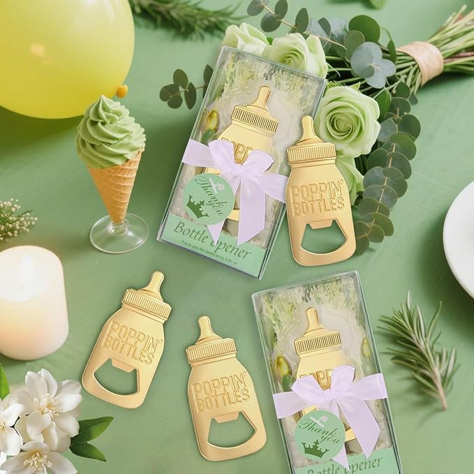 50Pcs Poppin Bottles Bottle Opener Poppin Bottles Baby Shower Favor Gold Baby Shower Bottle Openers Baby Bottle Openers Shower Favors for Guests Gender Reveal Party Wedding Decorations with Green Box