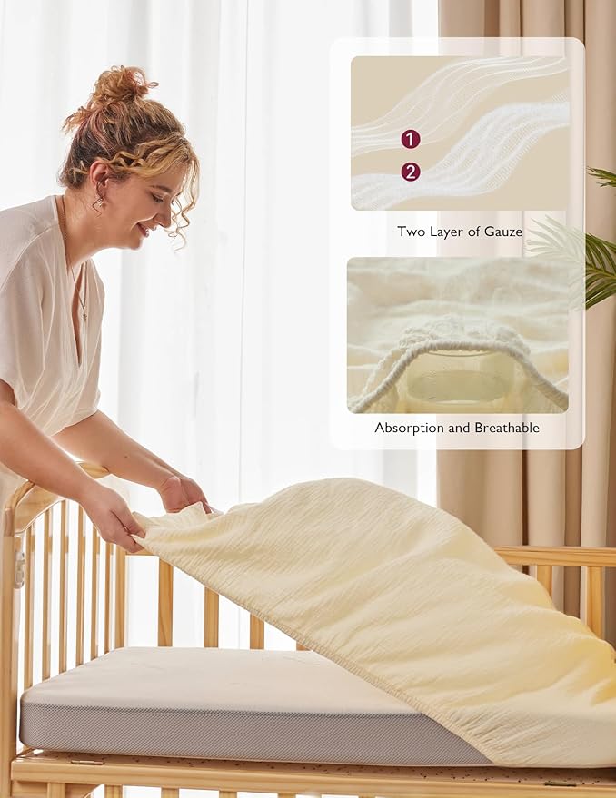 Momcozy Muslin Fitted Mini Crib Sheets, 38"x26", 2 Pack Soft Breathable Natural Cotton Baby Mattress Sheet, 360° Mattress Wrapping No Slip Boys Girls Neutral Toddler Bed Sheet, Beige Blush