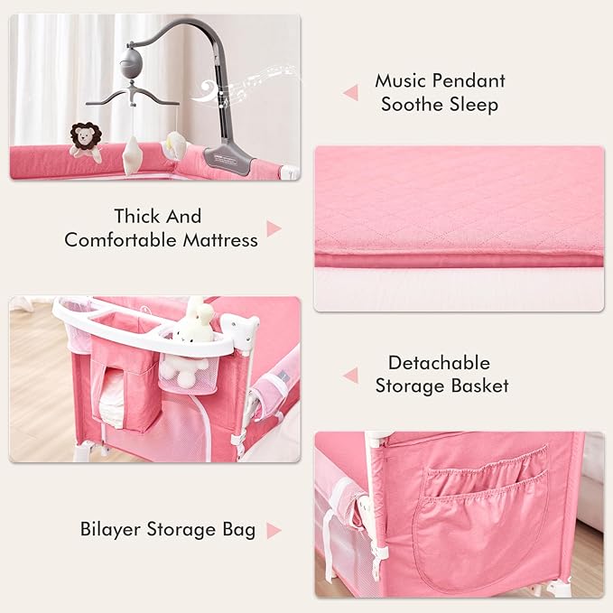 ANGELBLISS 5 in 1 Baby Bassinet Bedside Crib, Beside Sleeper with Diaper Changer& Removable Rocker, Pack and Play Bassinet, Easy Folding Portable Playpen Bassinet with Mobile, Sheet& Mattress