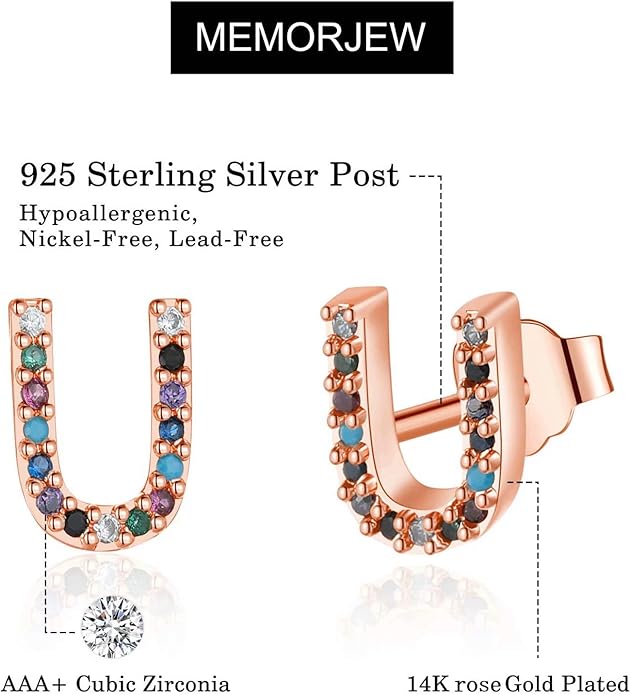 Memorjew Initial Stud Earrings for Women, Hypoallergenic 925 Sterling Silver Post Rainbow Cubic Zirconia Gold Plated 26 Initial Earrings for Women Jewelry Gifts
