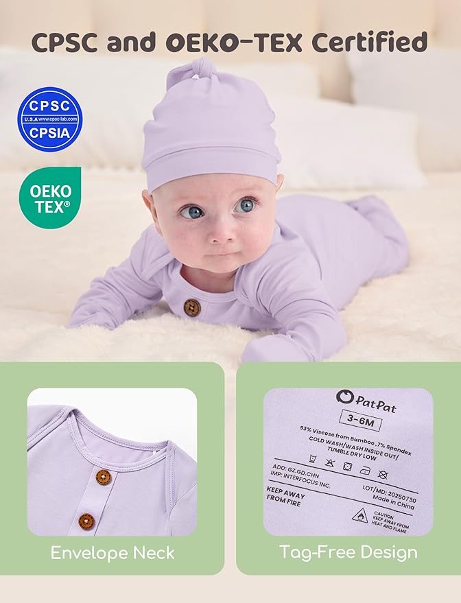 PATPAT Baby Sleeper Gown with Bamboo Viscose for Newborn Girls Boys, Knotted Nightgown with Mittens for Infant Home Coming