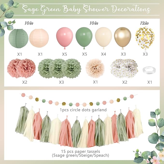 Amandir Girl Baby Shower Decorations Pink Sage Green Balloons Welcome Baby Banner, Cake Topper, Paper Lanterns, Pom Poms Flowers Tassels, Circle Dots Star Garland Gender Reveal Birthday Party Supplies
