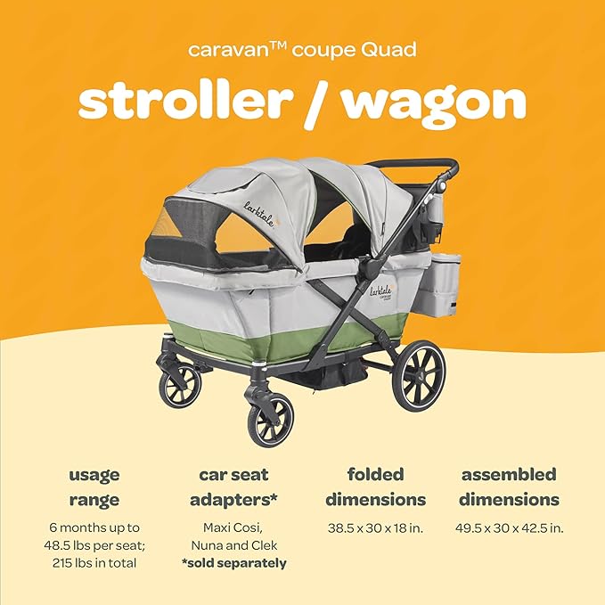 Larktale Caravan Coupe Quad, Compact Stroller Wagon with Reclining Seats for 4 Kids, Gray/Green
