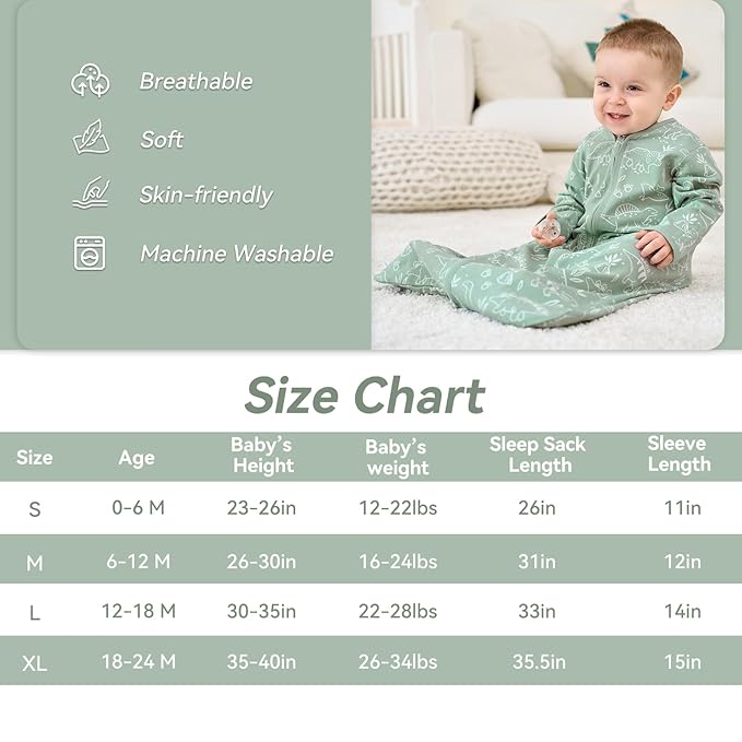 Baby Sleep Sack 0-6 Months, Long Sleeve Baby Wearable Blanket 0.5 Tog with Mittens, 2-Way Zipper Newborn Cotton Sleeping Sack for Boy and Girl Green Dinosaur 2 Pack (Small)